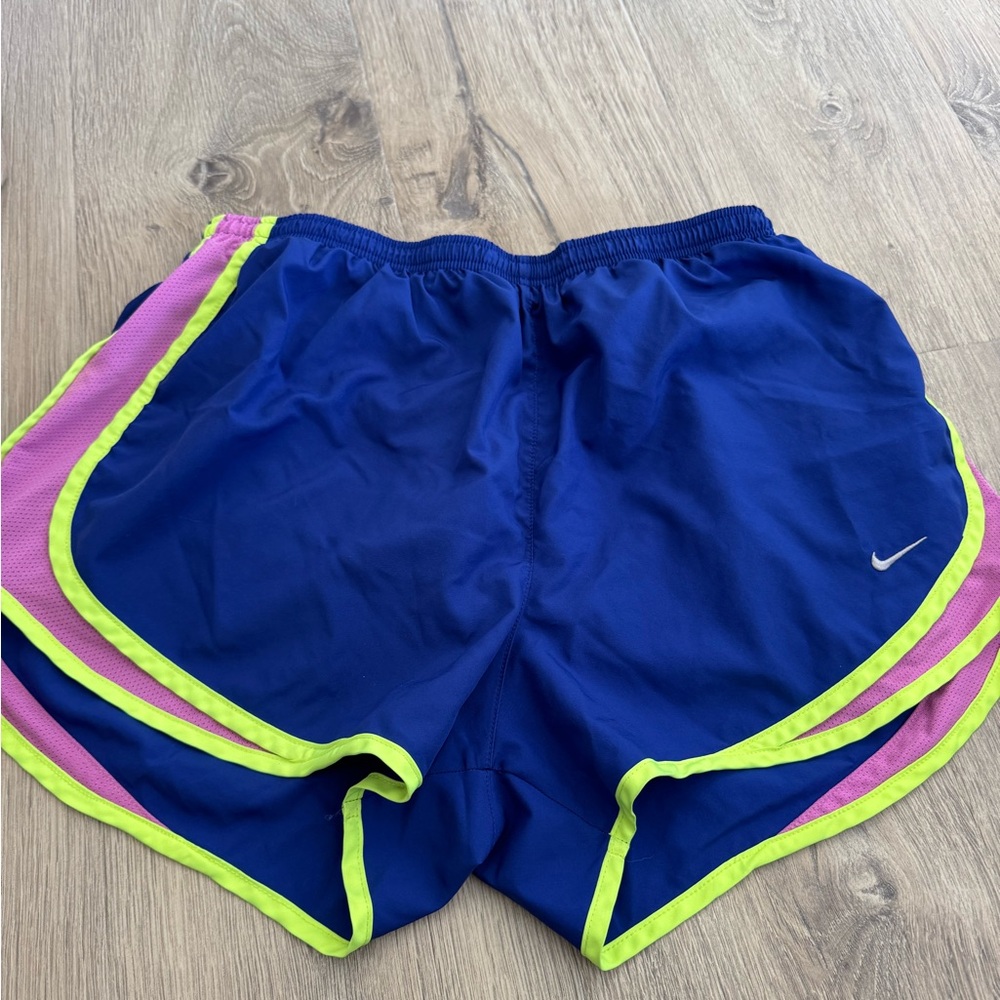 Nike Women's Athletic Shorts in Blue with Pink and Yellow Trim